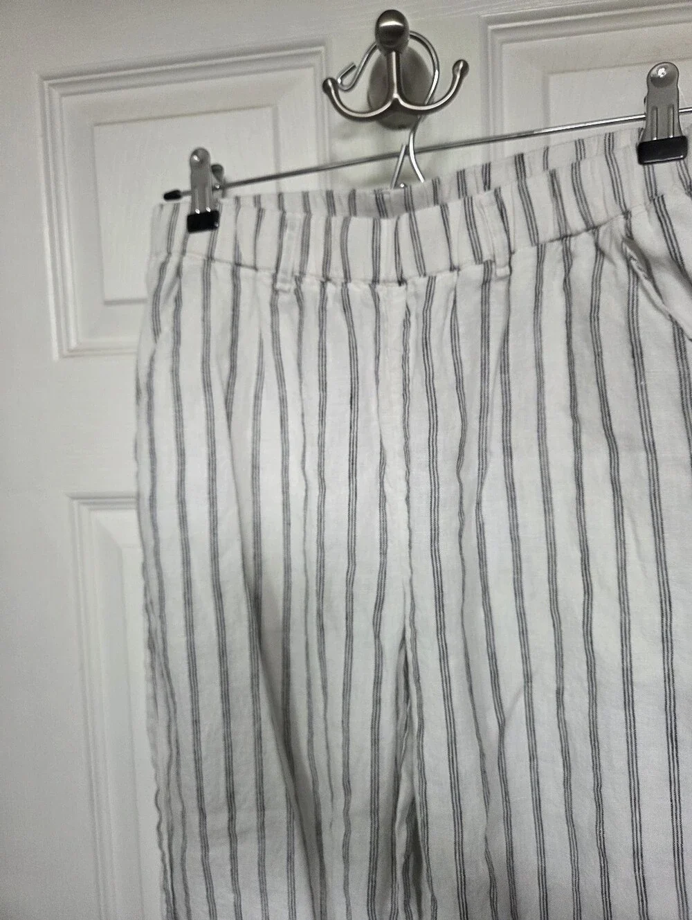 Quince Women's White Black Striped 100% Linen Trousers Size Small Summer